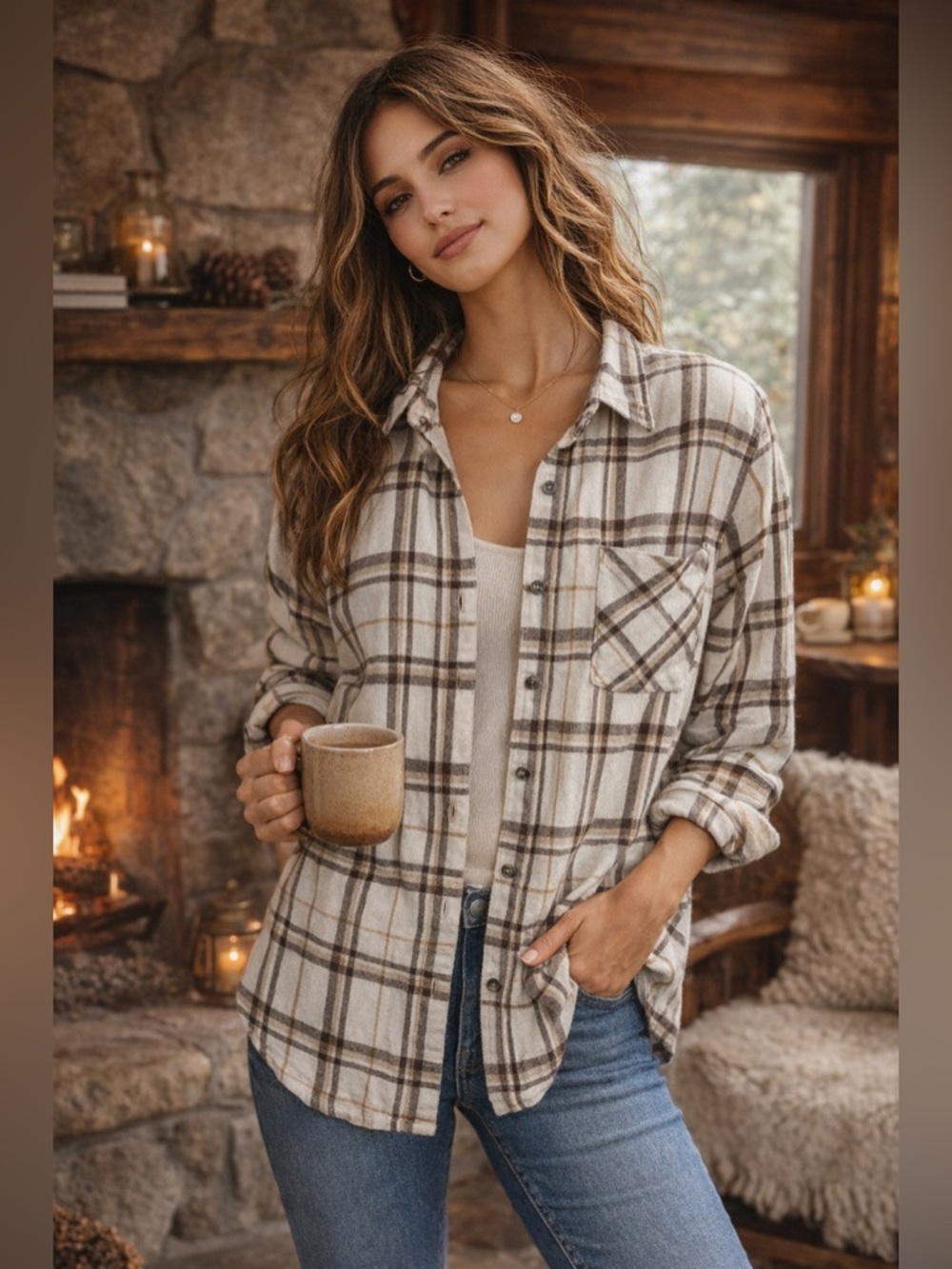 Faded Rose Brown Cream Plaid Flannel Button Down Shirt XL Lightweight Soft